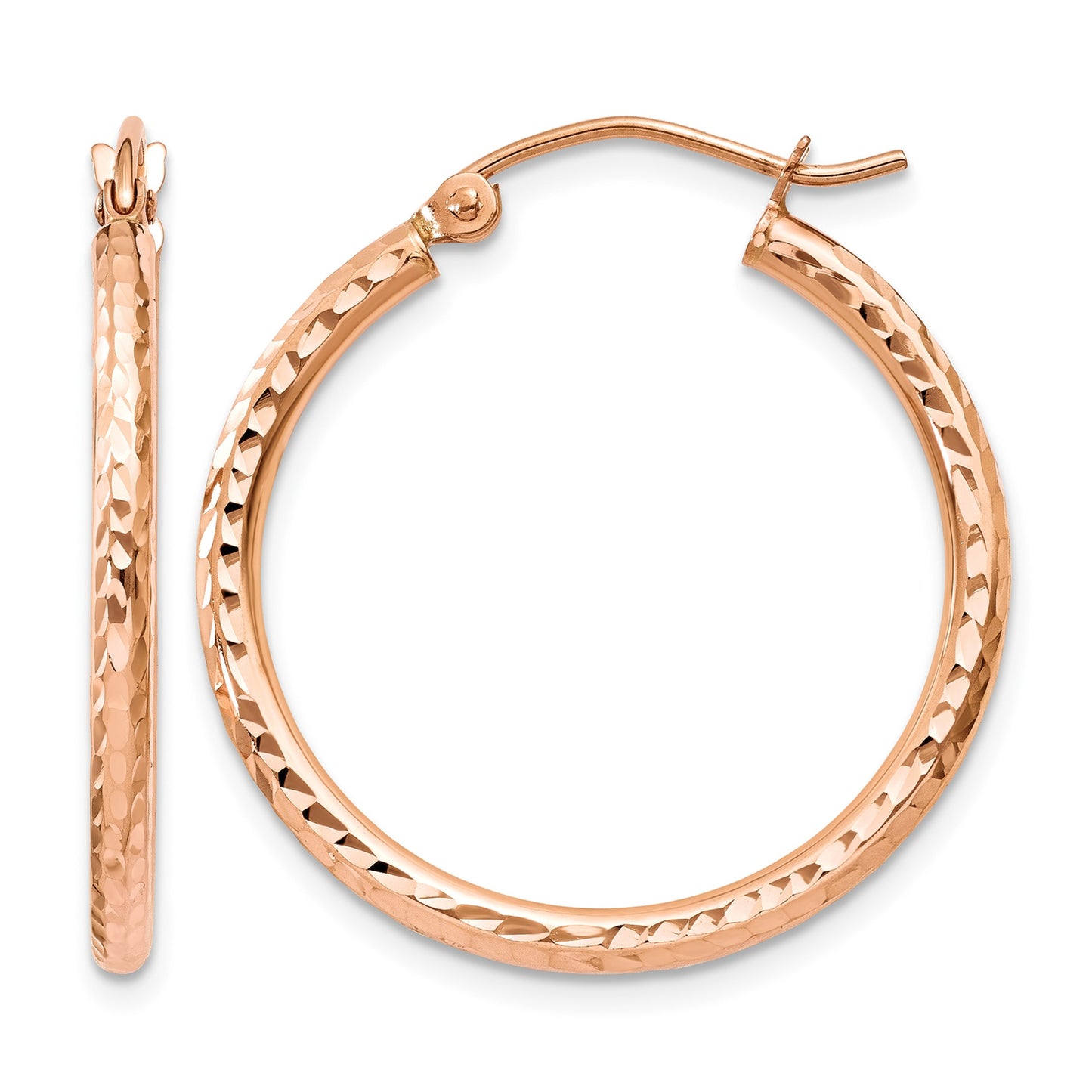14k Rose Gold 2x25mm Diamond-cut Polished Tube Hoop Earrings