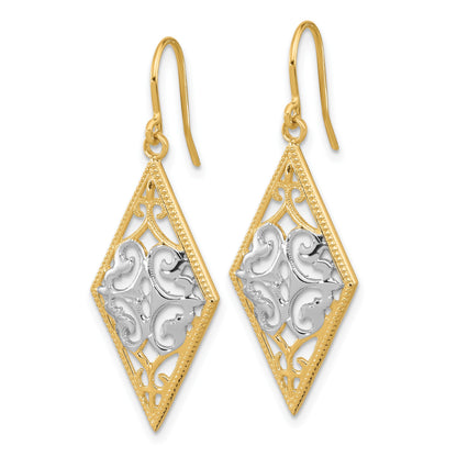 14K and White Rhodium Diamond-Shape Filigree Dangle French Hook Earrings