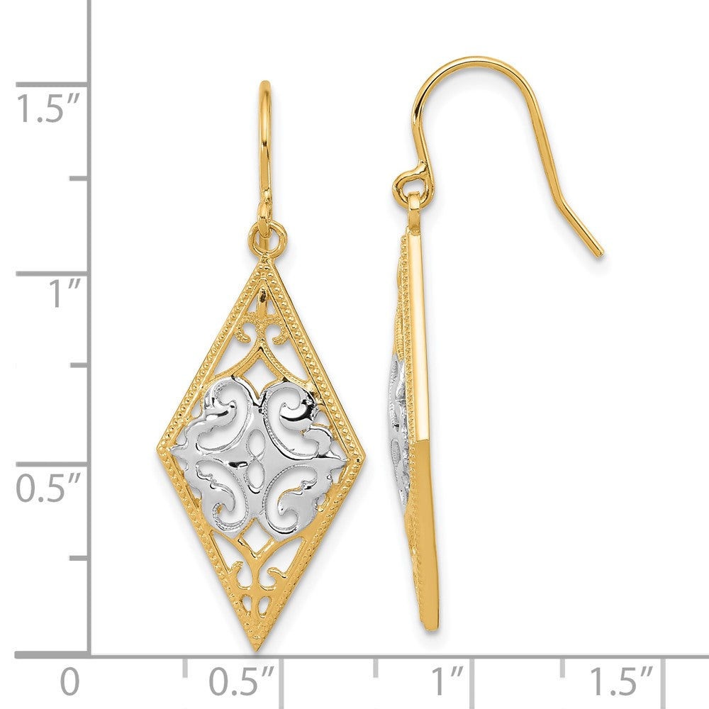 14K & Rhodium Diamond Shape Filigree Dangle Earrings