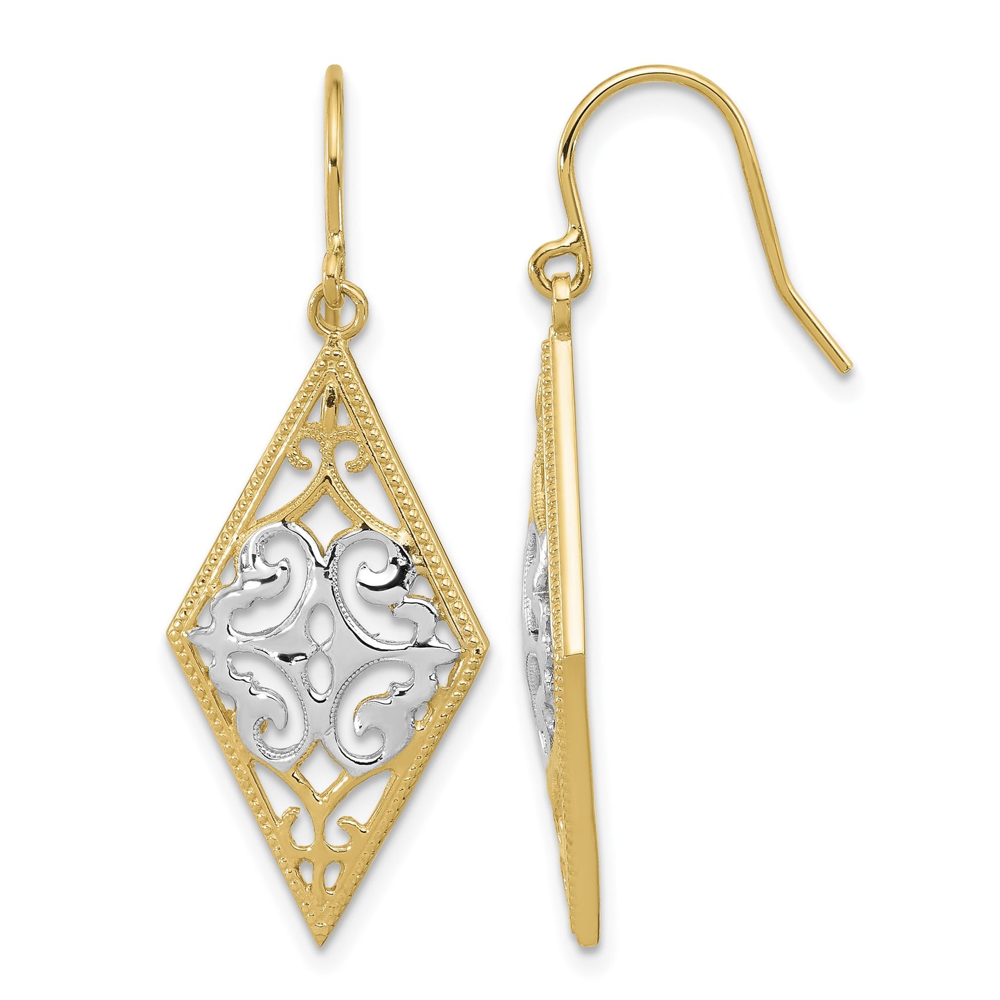 14K and White Rhodium Diamond-Shape Filigree Dangle French Hook Earrings