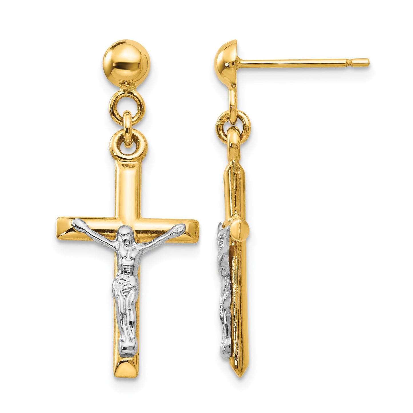 14k Two-tone Hollow Crucifix Dangle Post Earrings