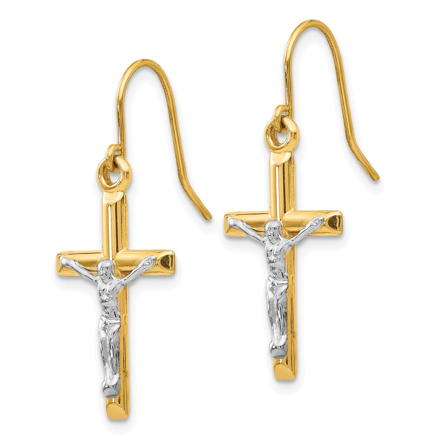 14k Two-tone Polished Crucifix Dangle French Hook Earrings
