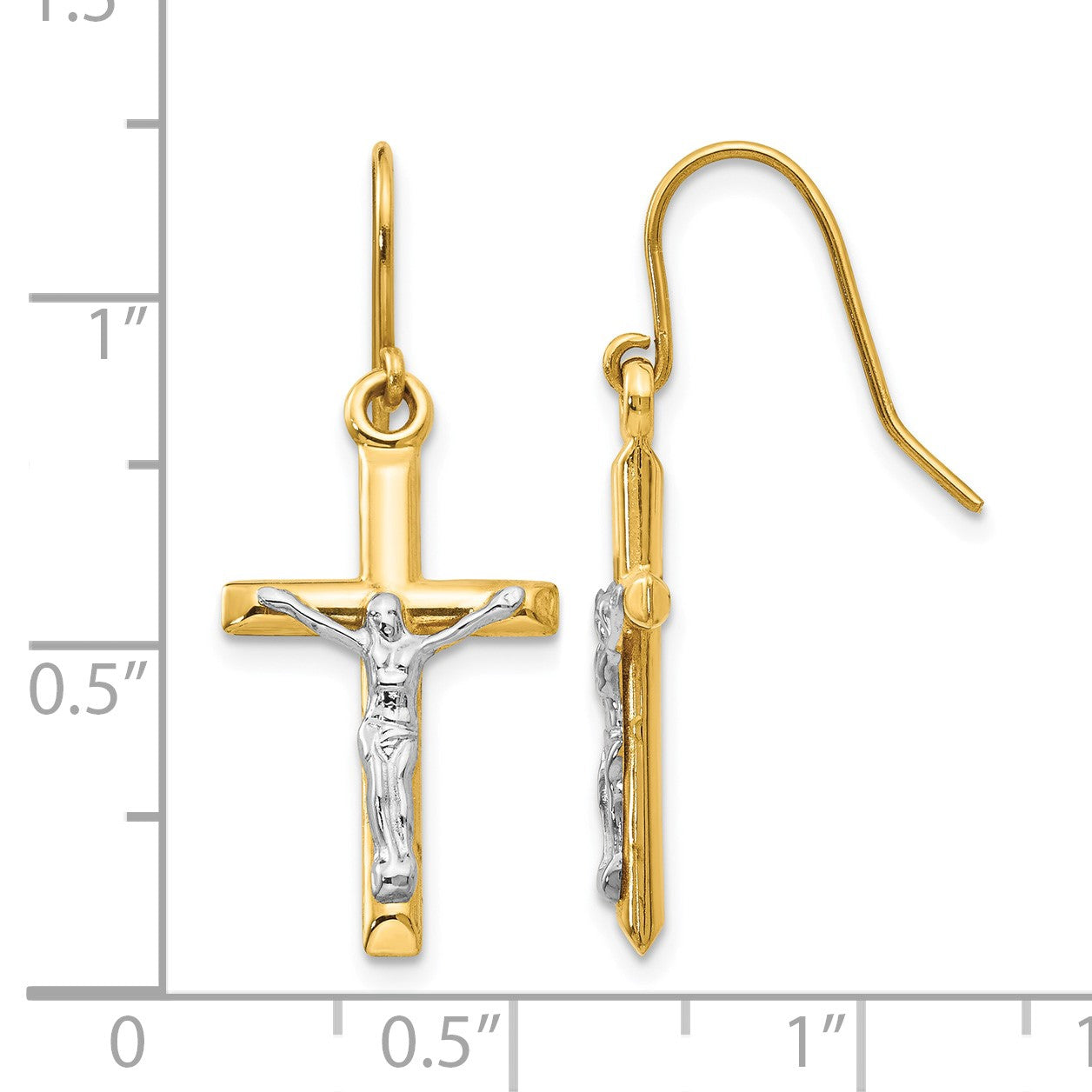 14k Two-tone Polished Crucifix Dangle French Hook Earrings