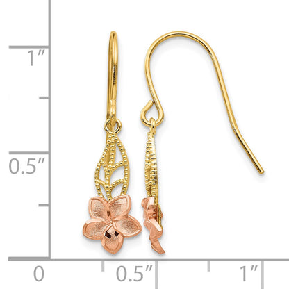 14K Two-tone Fancy Plumeria Dangle French Wire Earrings