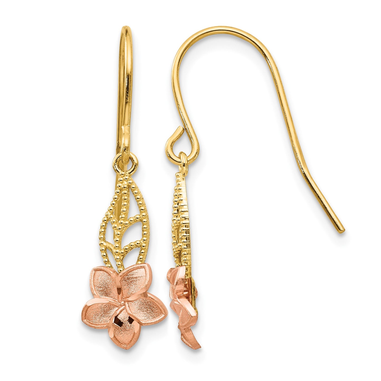 14K Two-tone Fancy Plumeria Dangle French Wire Earrings