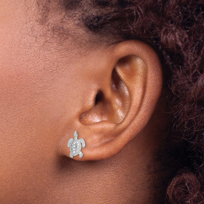 14K White Gold Polished and Textured Sea Turtle Post Earrings