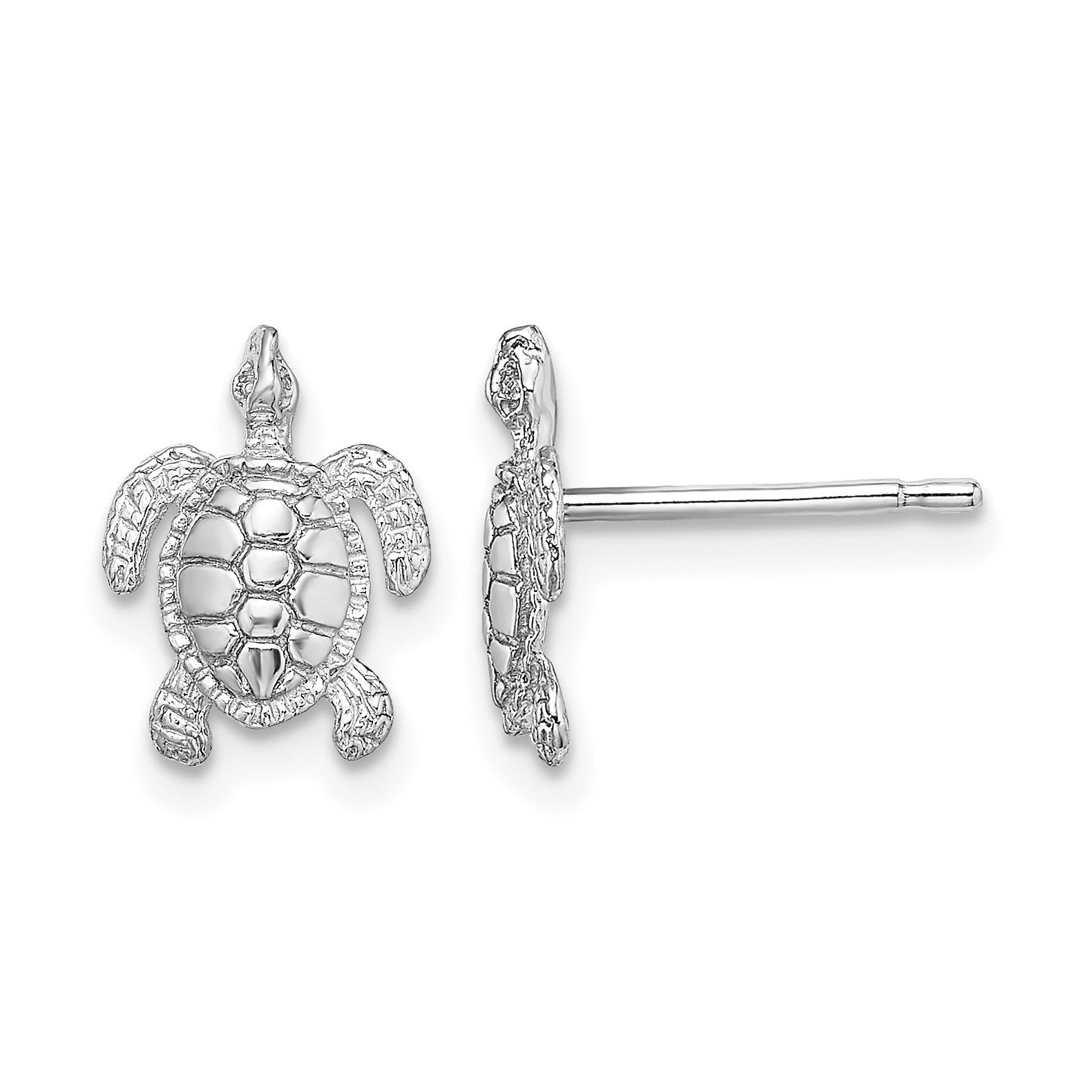 14K White Gold Polished and Textured Sea Turtle Post Earrings