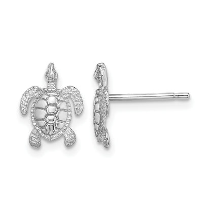 14K White Gold Polished and Textured Sea Turtle Post Earrings