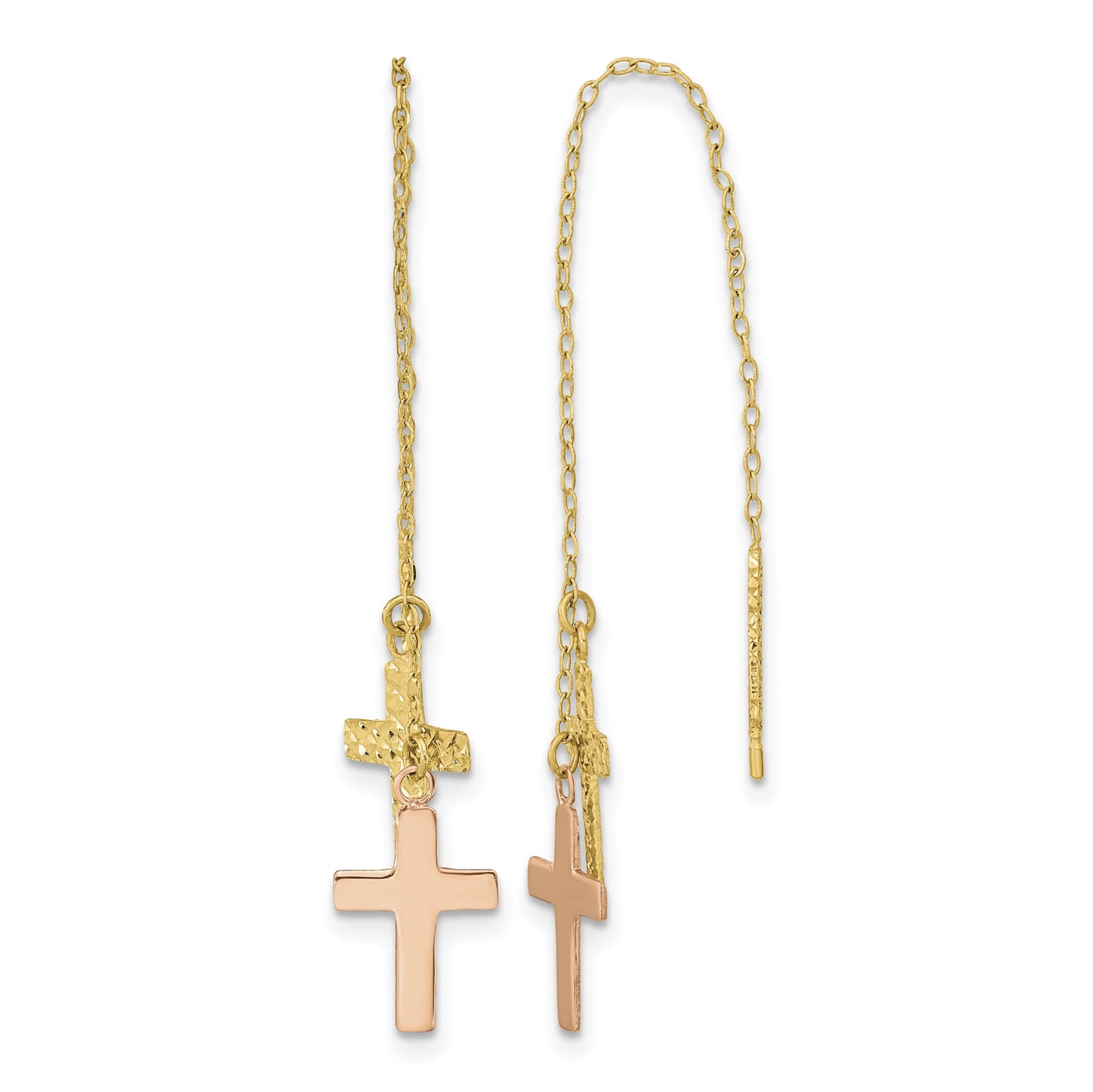 14k Yellow and Rose Gold Diamond-cut Polished 2-Crosses Threader Earrings
