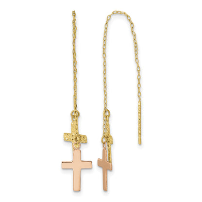 14k Yellow and Rose Gold Diamond-cut Polished 2-Crosses Threader Earrings