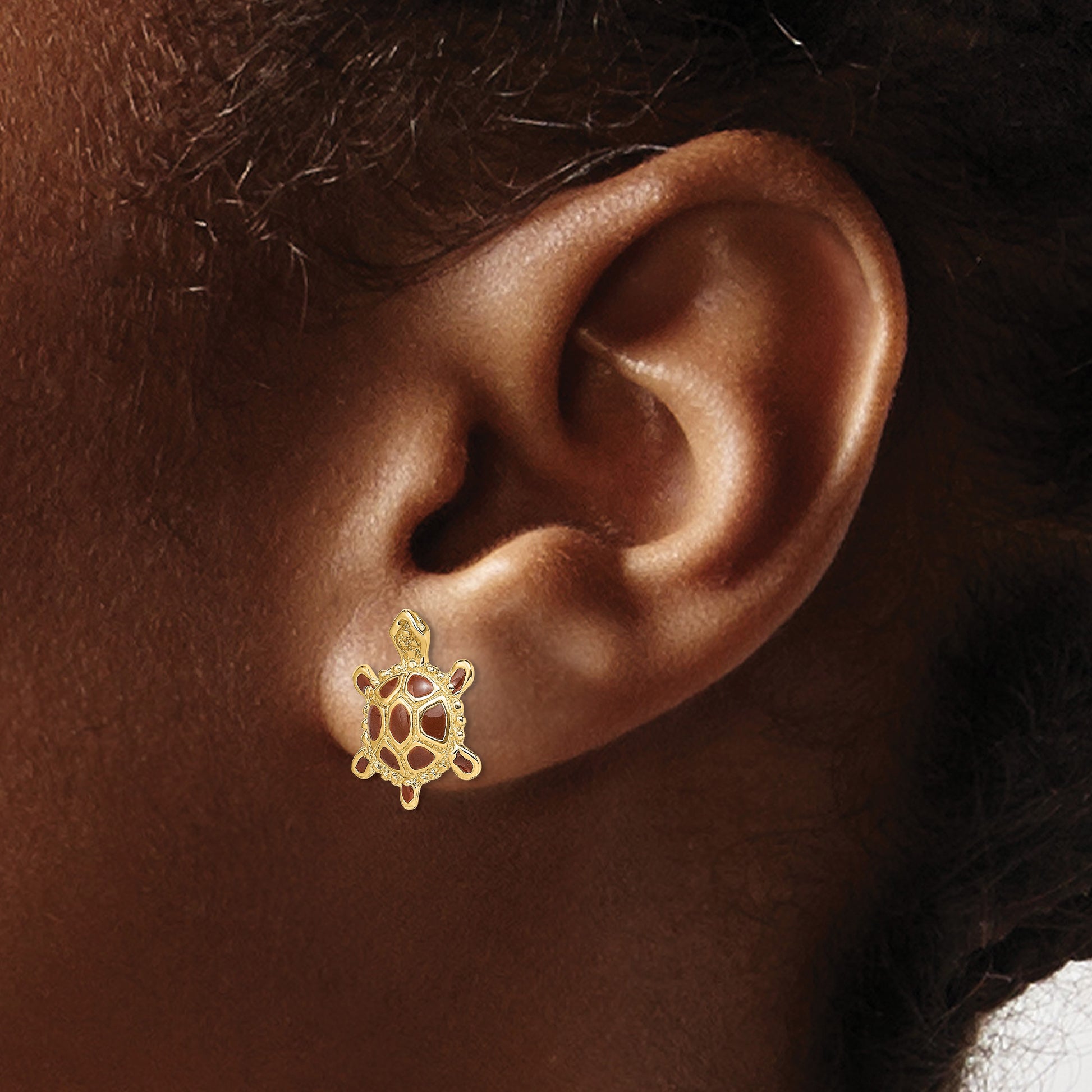 14K with Brown Enamel Sea Turtle Post Earrings