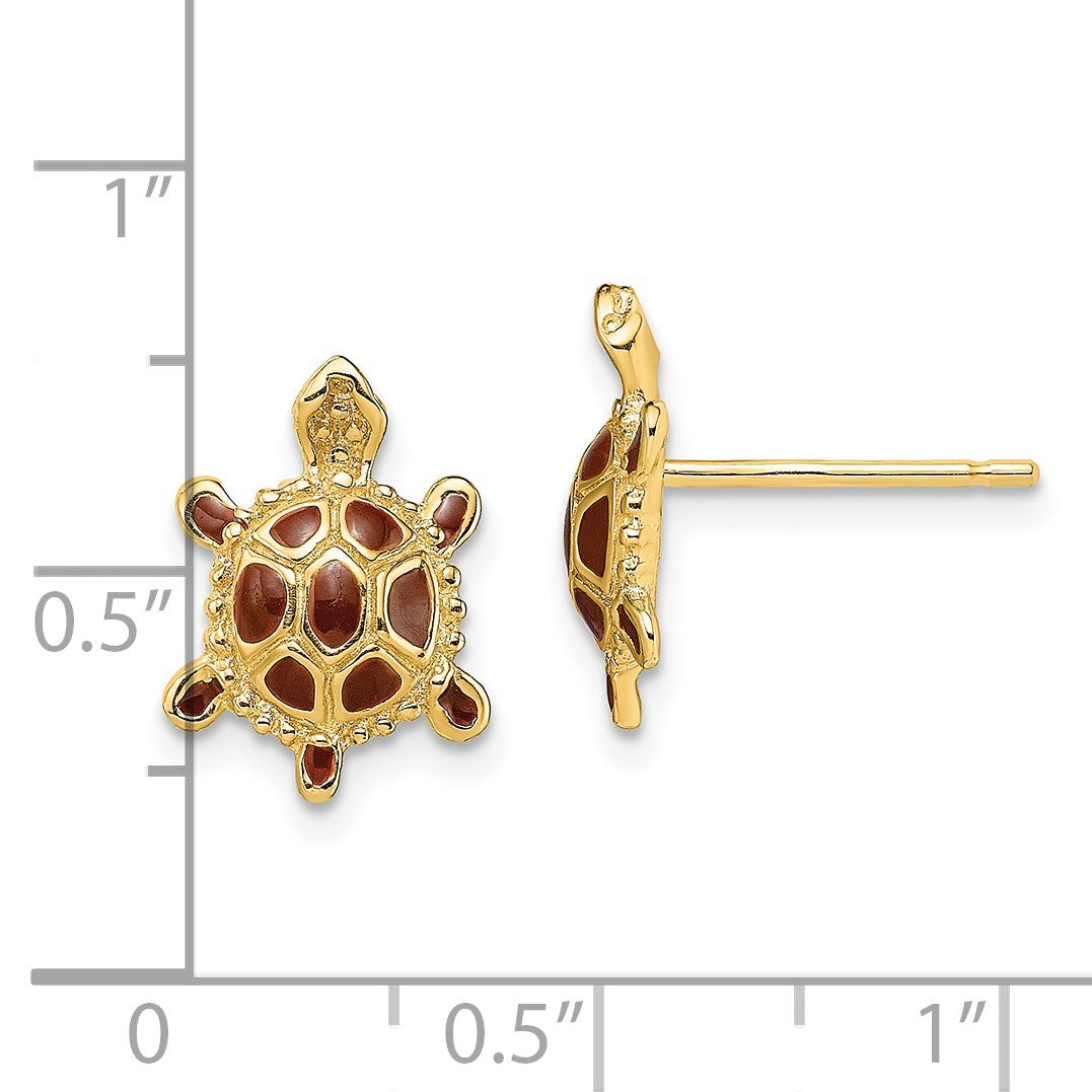 14K with Brown Enamel Sea Turtle Post Earrings