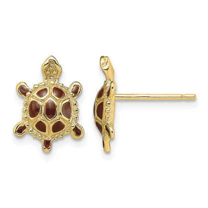 14K with Brown Enamel Sea Turtle Post Earrings