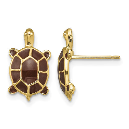 14K with Brown Enamel Sea Turtle Post Earrings