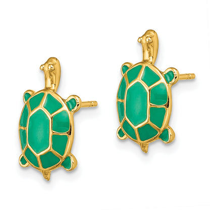 14K Land Turtle with Green Enamel Post Earrings