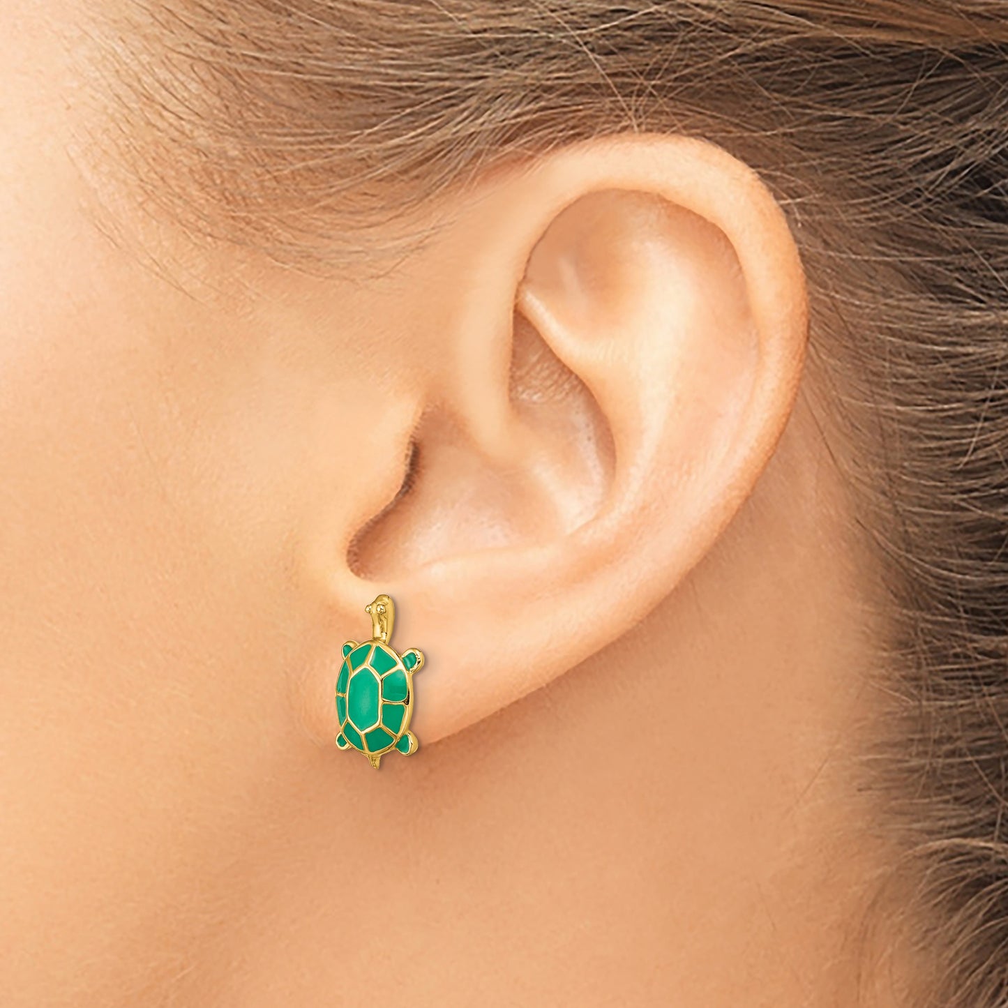 14K Land Turtle with Green Enamel Post Earrings