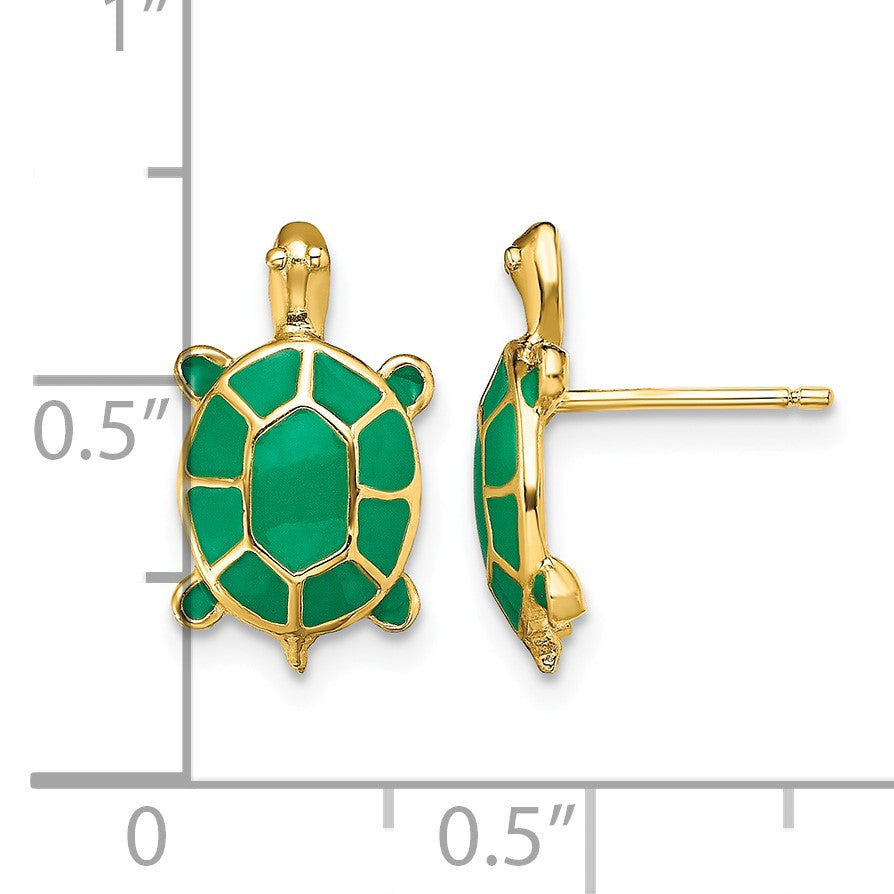 14K Land Turtle with Green Enamel Post Earrings
