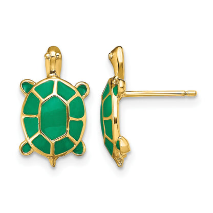 14K Land Turtle with Green Enamel Post Earrings
