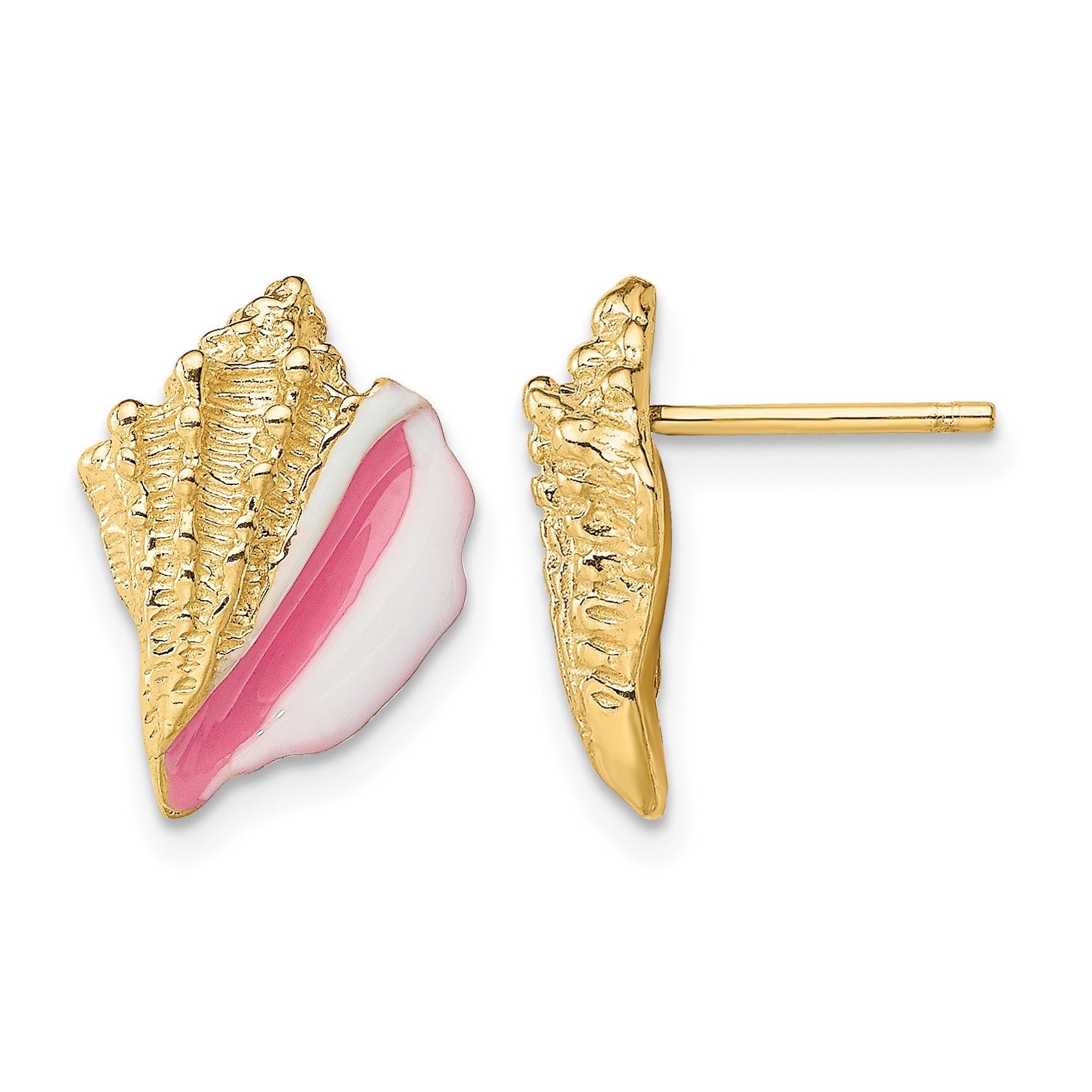 14K White and Pink Enamel Conch Shell Post Earrings