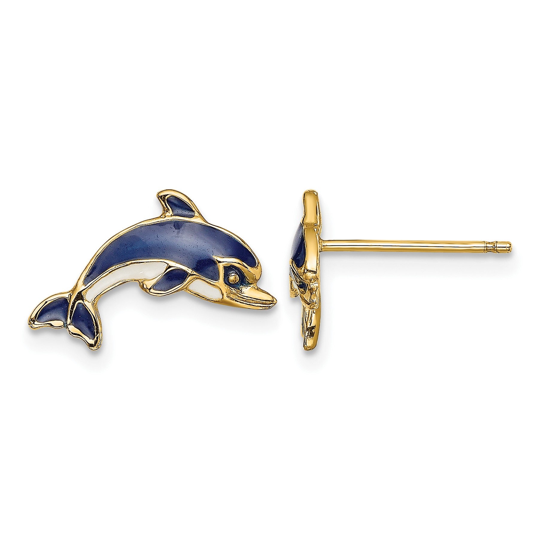 14K Blue and White Enamel Dolphin Post Earrings