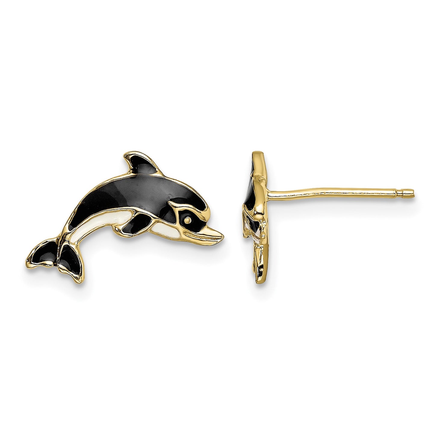 14K White and Black Enamel Dolphin Post Earrings