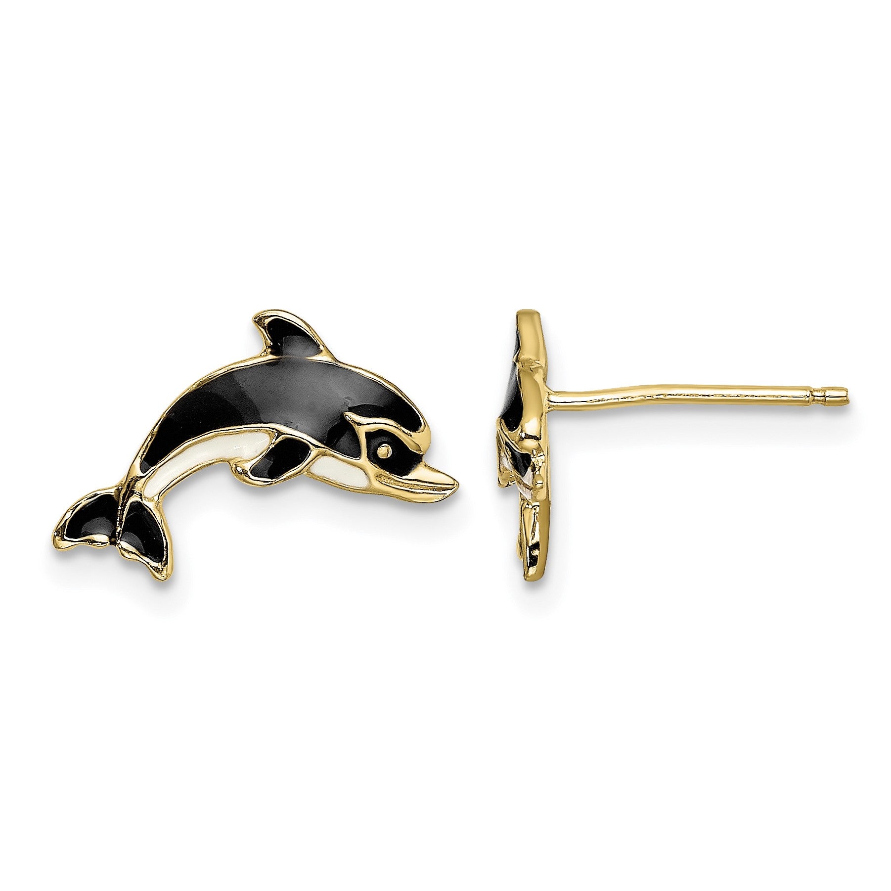 14K White and Black Enamel Dolphin Post Earrings
