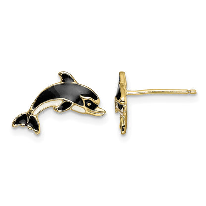 14K White and Black Enamel Dolphin Post Earrings
