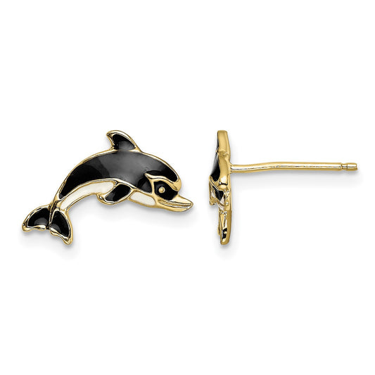 14K White and Black Enamel Dolphin Post Earrings