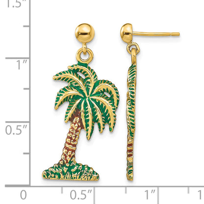 14K Green and Brown Enamel Palm Tree Dangle Post Earrings