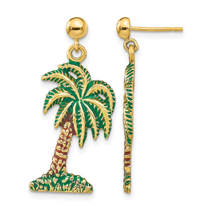 14K Green and Brown Enamel Palm Tree Dangle Post Earrings