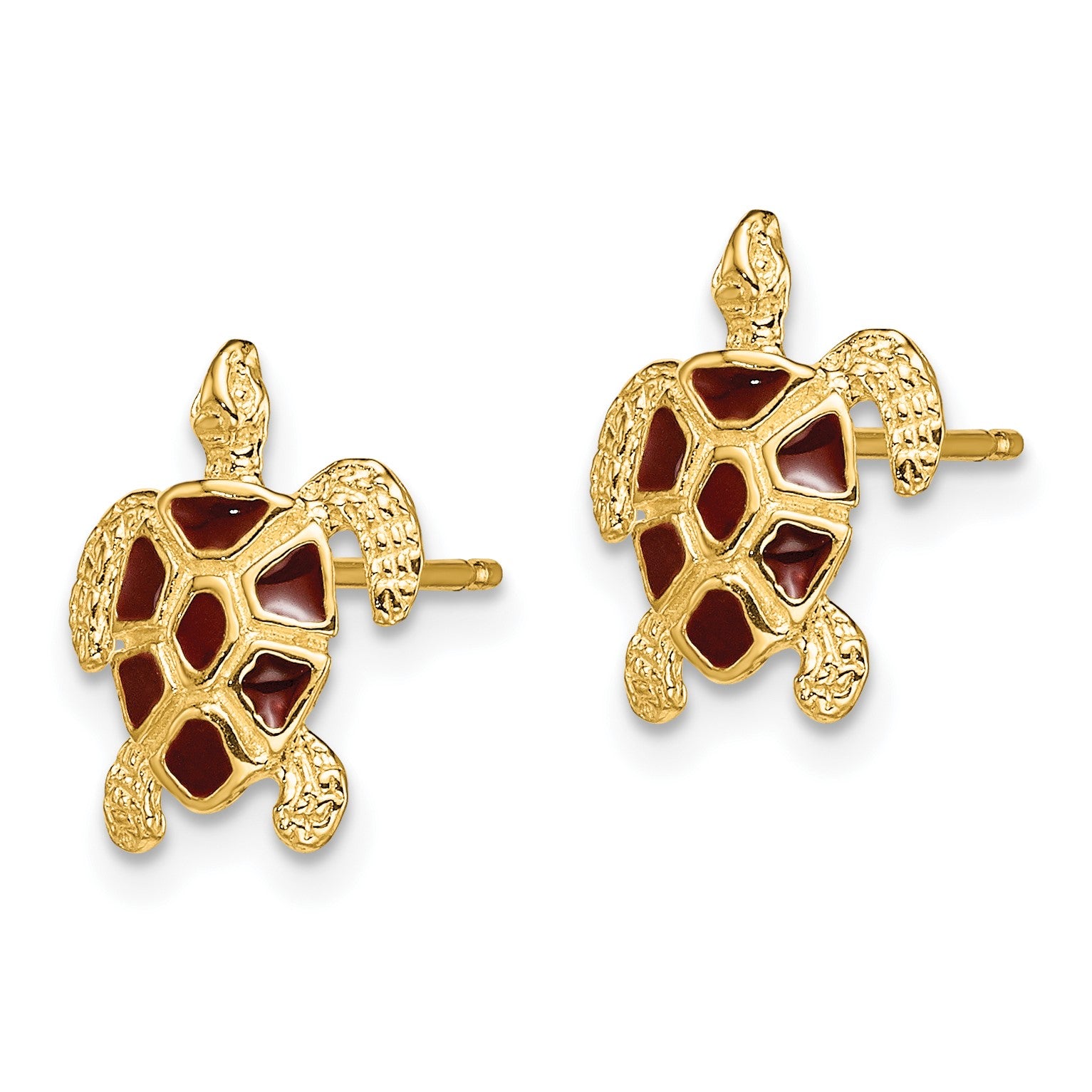 14K with Brown Enamel Textured Sea Turtle Post Earrings