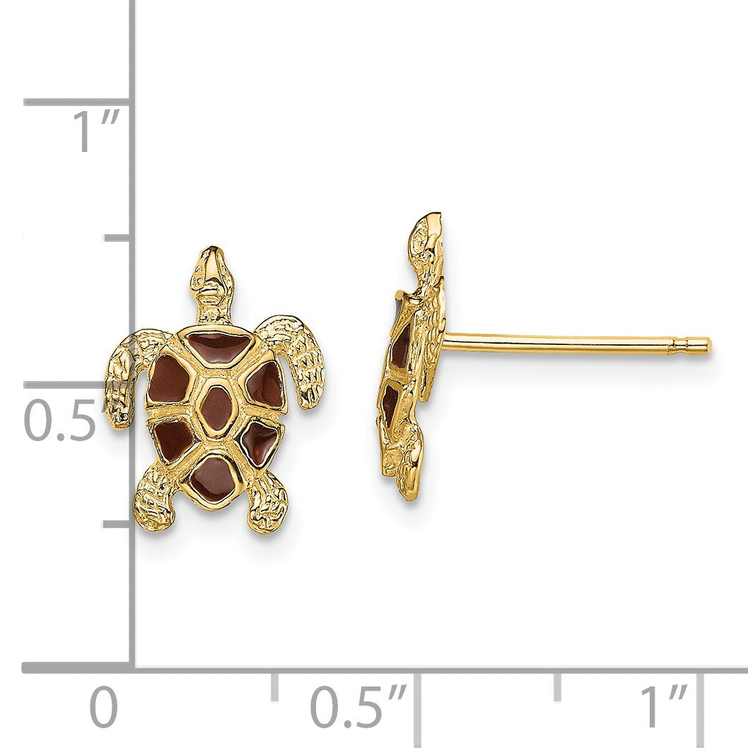 14K with Brown Enamel Textured Sea Turtle Post Earrings