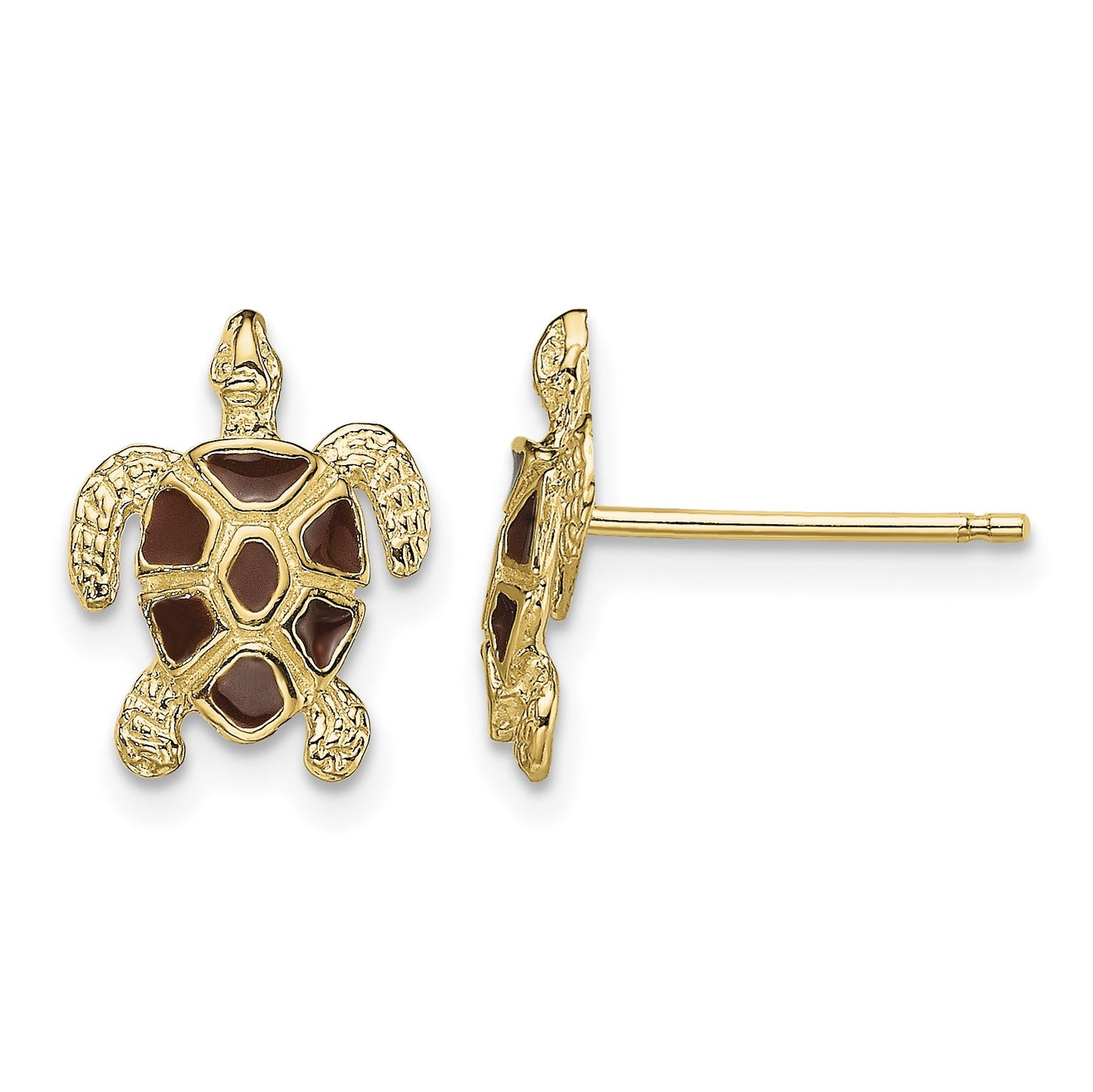 14K with Brown Enamel Textured Sea Turtle Post Earrings