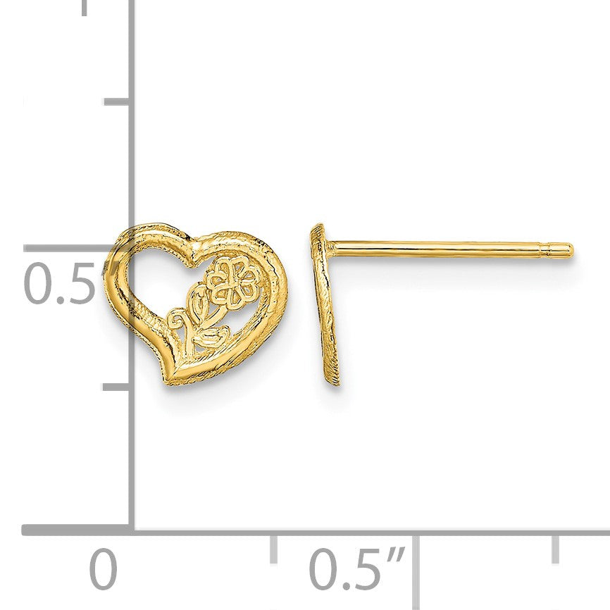 14K Open Heart with Flower Post Earrings