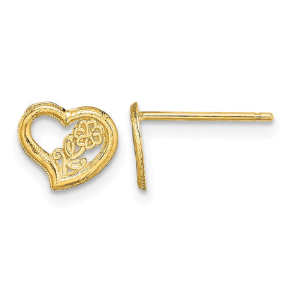 14K Open Heart with Flower Post Earrings