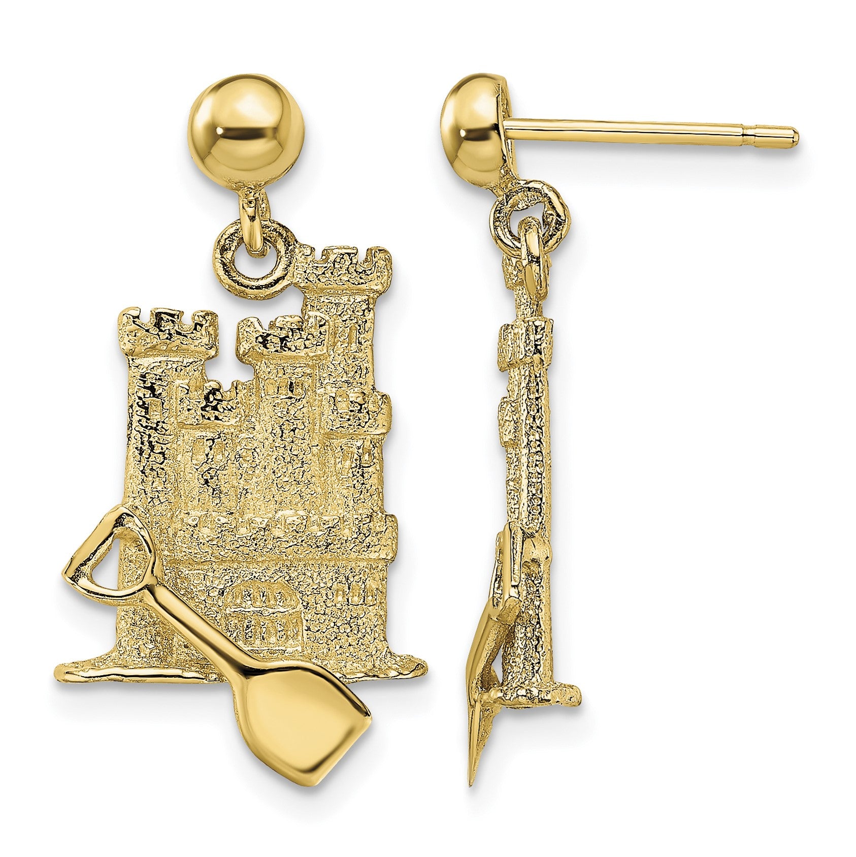 14K 3-D Sand Castle with Shovel Dangle Post Earrings