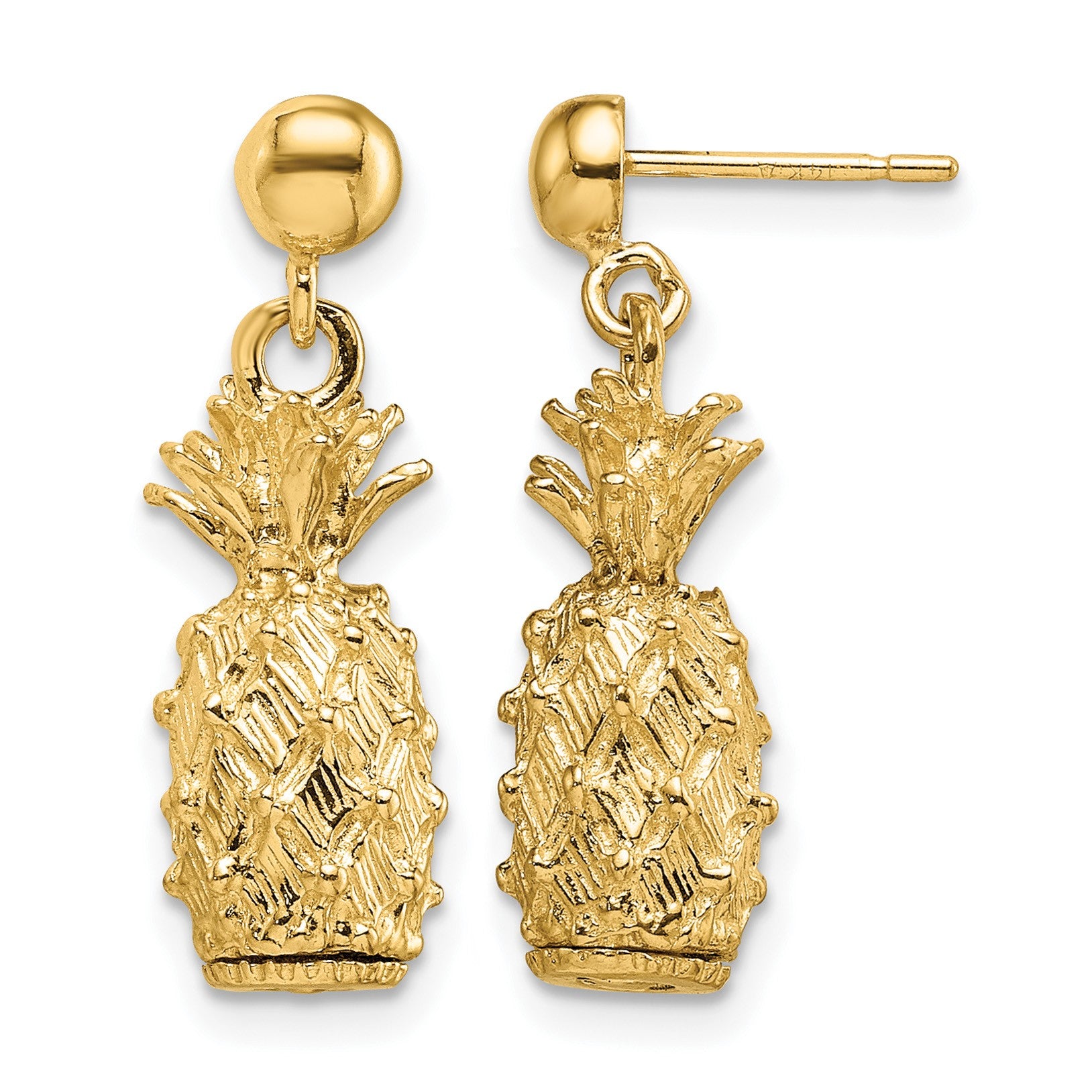 14K 3-D Textured Pineapple Dangle Post Earrings