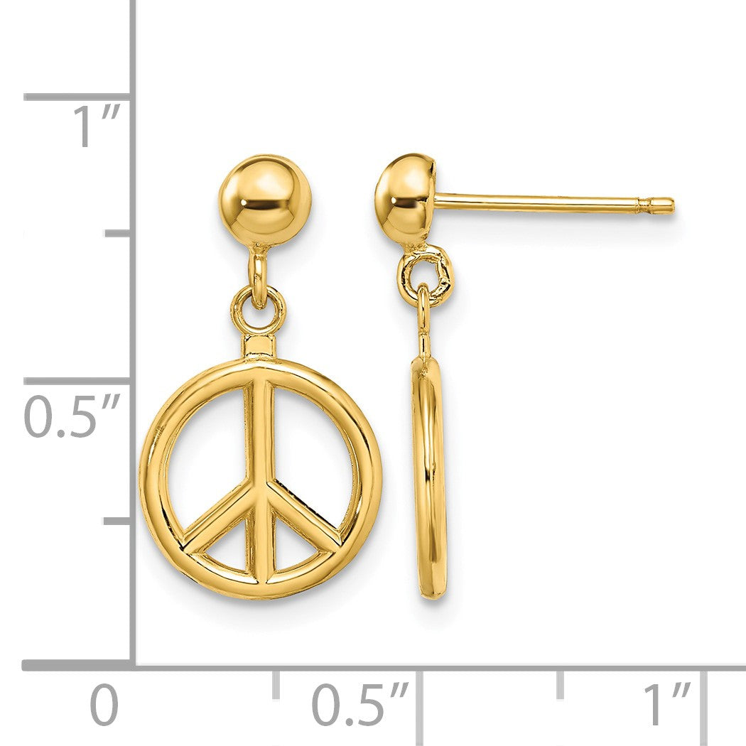 14K 3-D Polished Peace Symbol Dangle Post Earrings