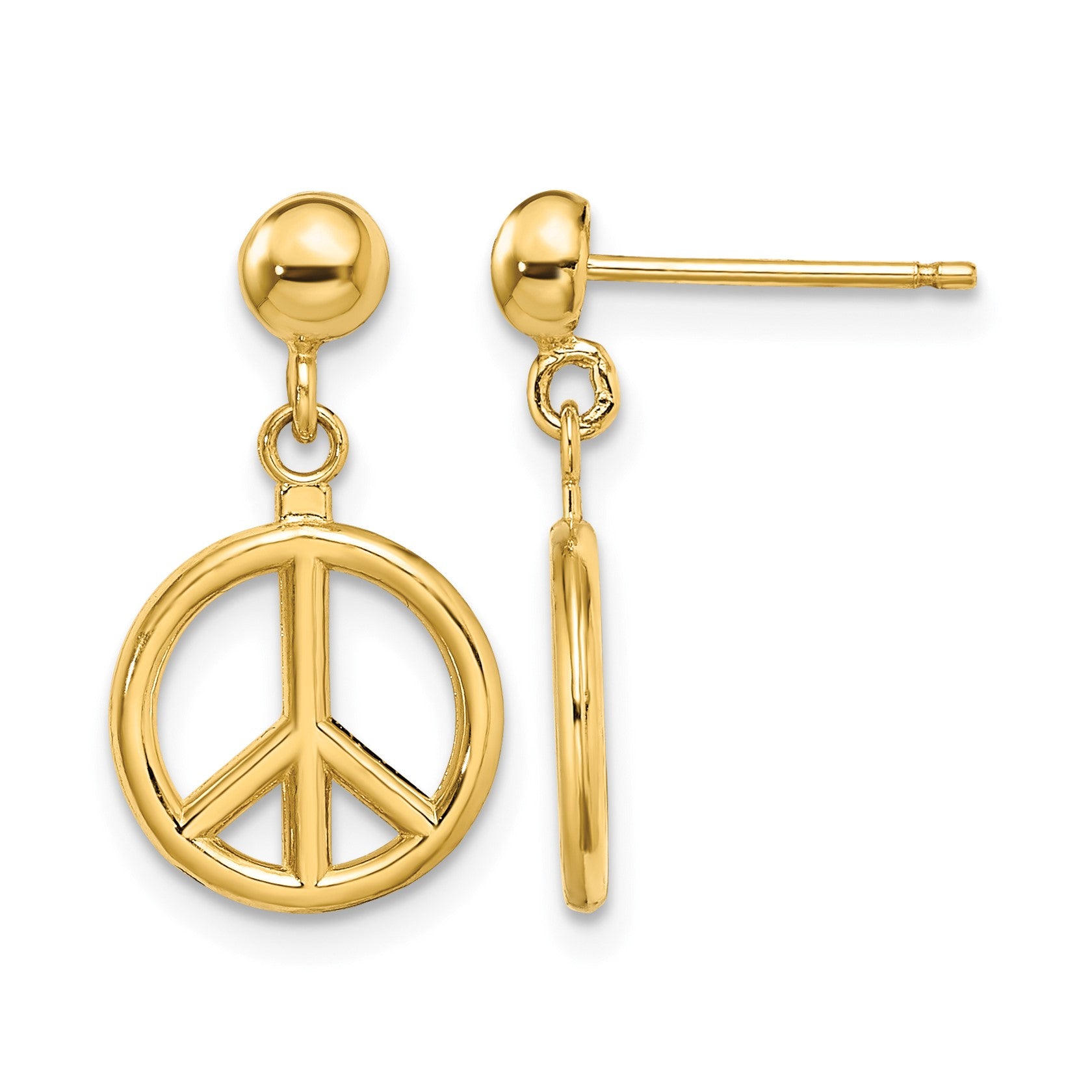 14K 3-D Polished Peace Symbol Dangle Post Earrings
