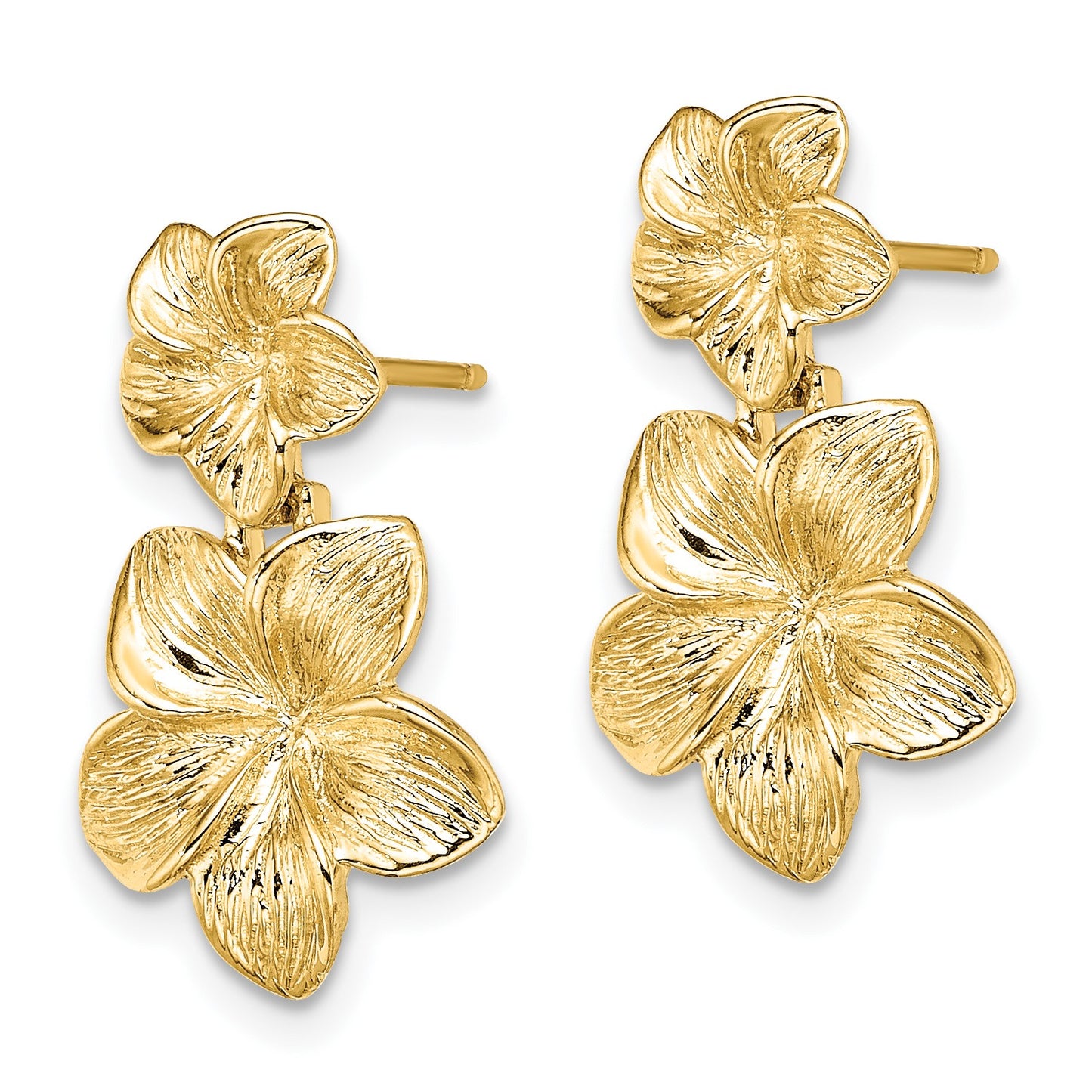 14K Textured Double Plumeria Flower Post Dangle Earrings
