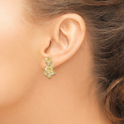 14K Textured Double Plumeria Flower Post Dangle Earrings