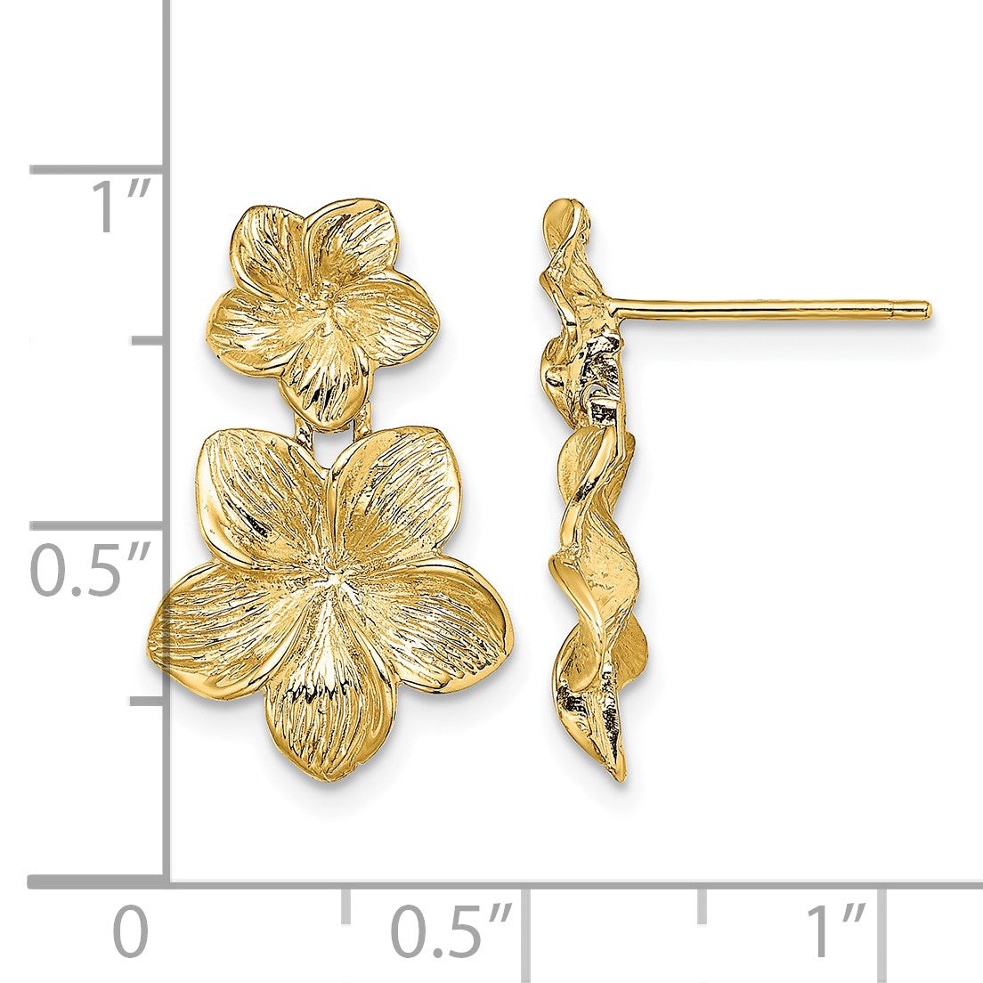 14K Textured Double Plumeria Flower Post Dangle Earrings