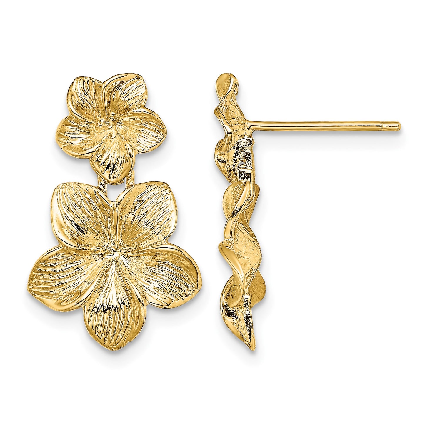 14K Textured Double Plumeria Flower Post Dangle Earrings
