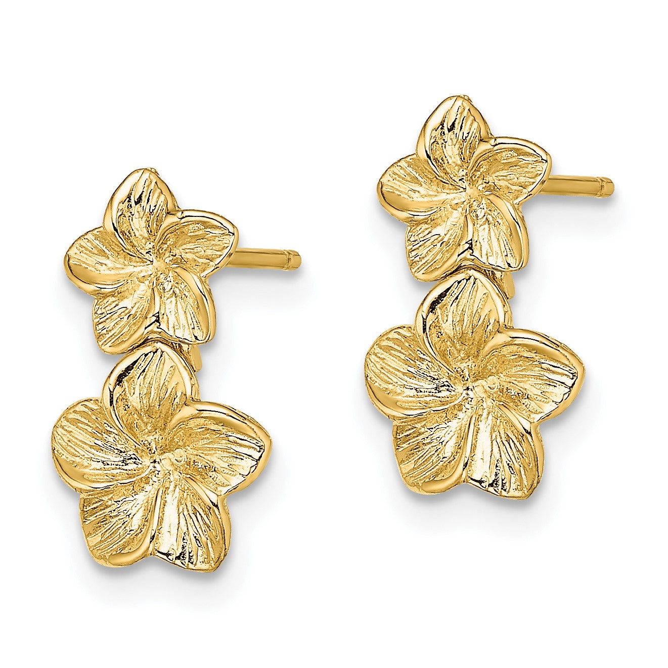 14K Textured Double Plumeria Flower Post Dangle Earrings
