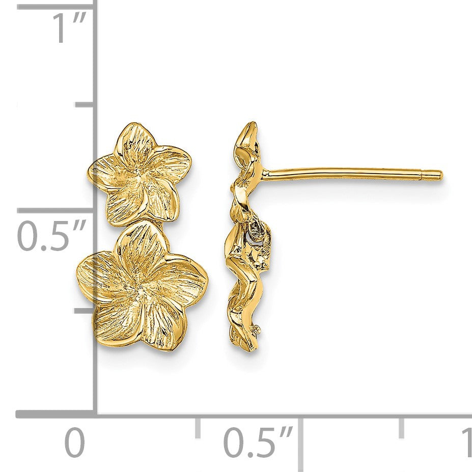 14K Textured Double Plumeria Flower Post Dangle Earrings