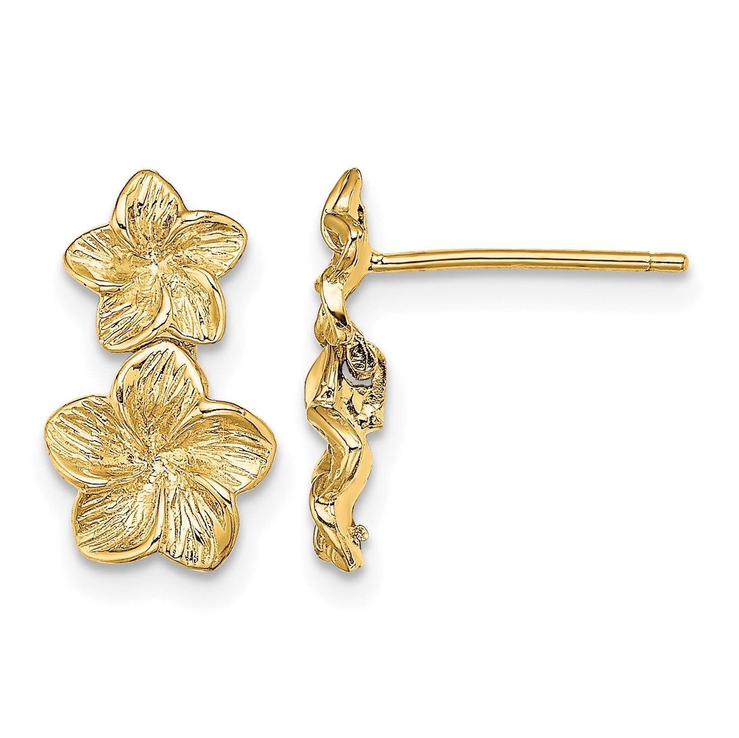 14K Textured Double Plumeria Flower Post Dangle Earrings