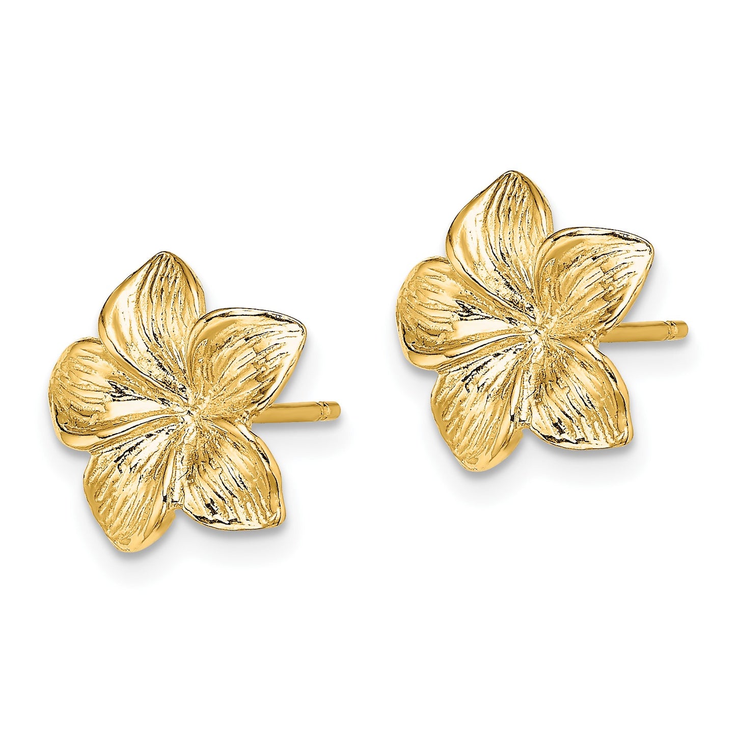 14K Textured Plumeria Flower Post Earrings