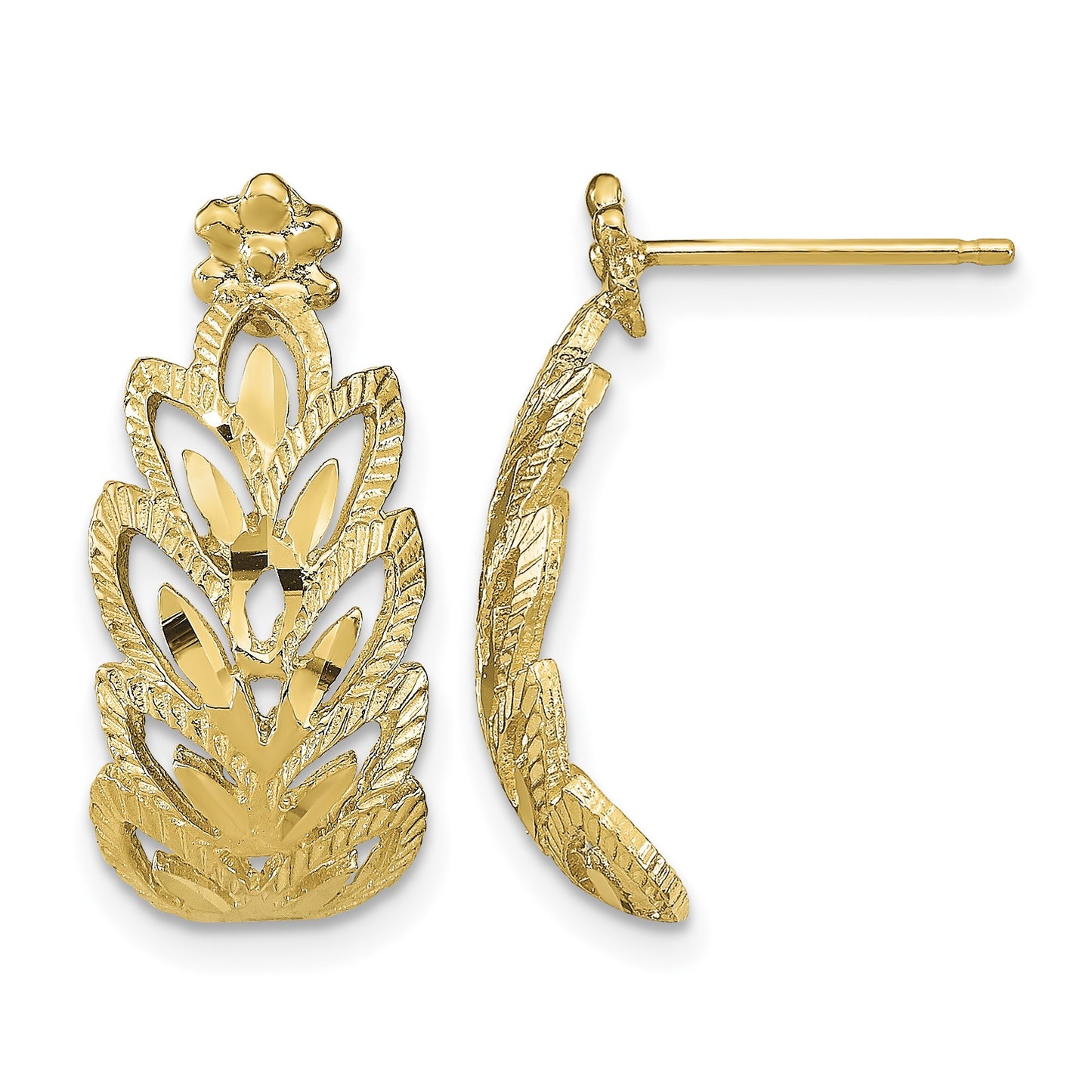 14K Diamond-cut Leaf Pattern Dangle Post Earrings