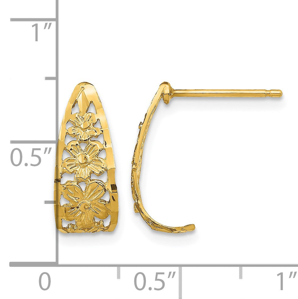 14K Diamond-cut Flower J-Hoop Post Earrings
