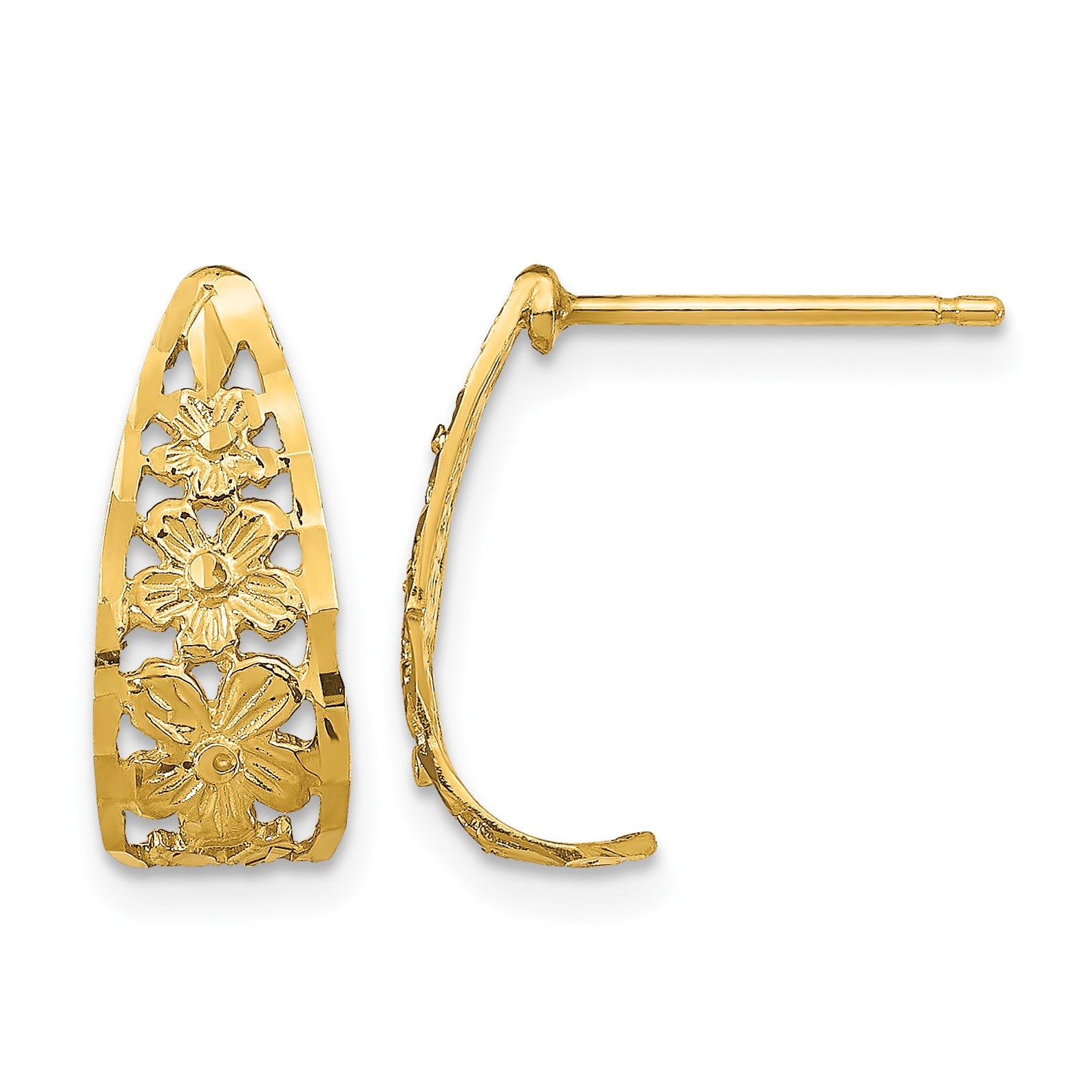 14K Diamond-cut Flower J-Hoop Post Earrings